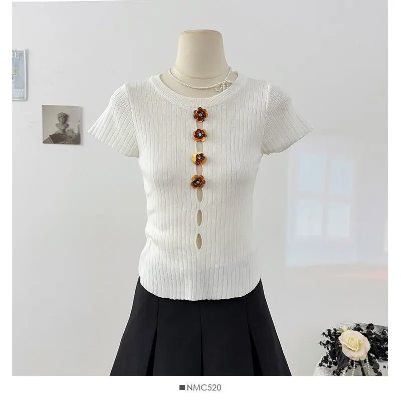 

Sweet 3d Flower Short Sleeve Knitted Tops Women Summer Fashion Slim Hollow Out Design Pullover Sexy Y2k Thin Sweater