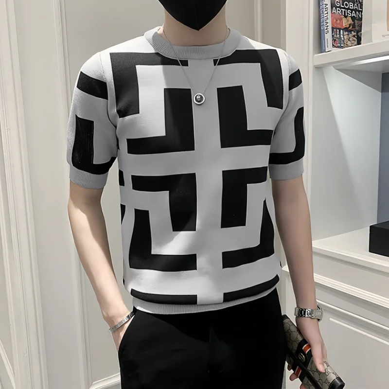 Spring Summer Short Sleeve T-shirt Men Geometric Pattern Round Neck Pullover Knitted Tee Shirt Fashion Casual Slim Fit Tshirt