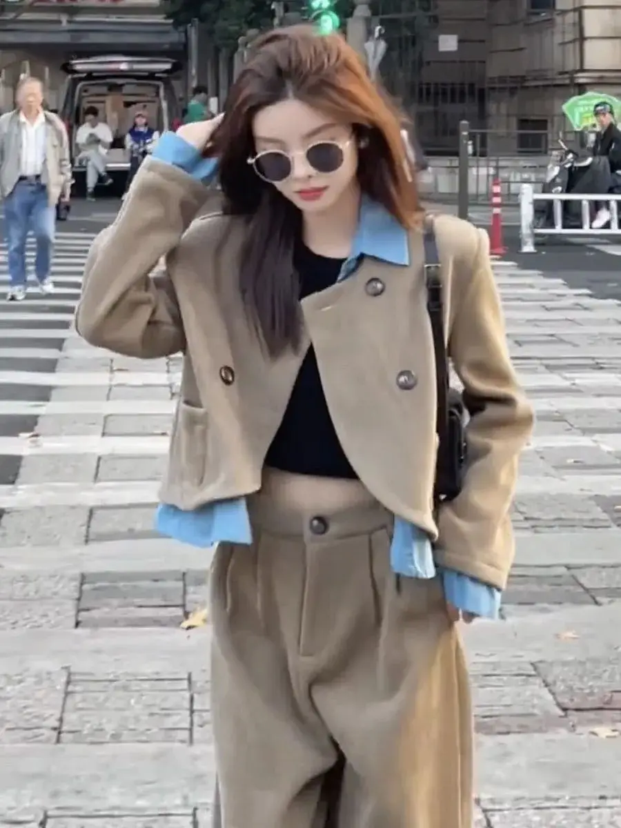 Spring and Autumn Women's Set 2023 New Korean Version Casual Versatile Fake Two Piece Suit Coat Wide Leg Pants Two Piece Set