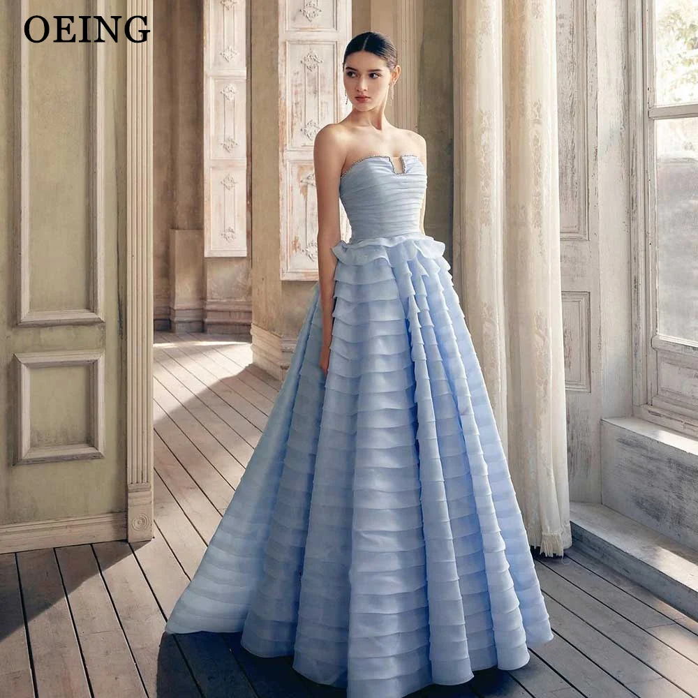 OEING Vintage Baby Blue A Line Evening Dresses Elegant Strapless Tiered Floor Length Formal Party Gowns Lace Up Back 2024