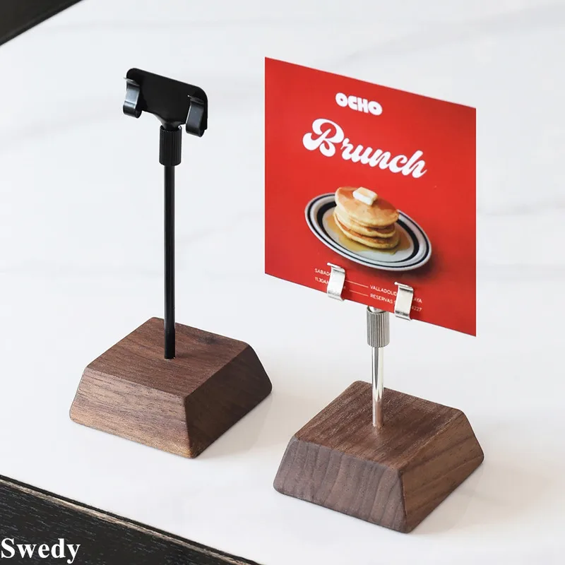 

5 Pieces Wood Base Card Holder Adjustable Metal Clip Tabletop Menu Label Stand Home Wedding Table Number Price Tag Display Decor