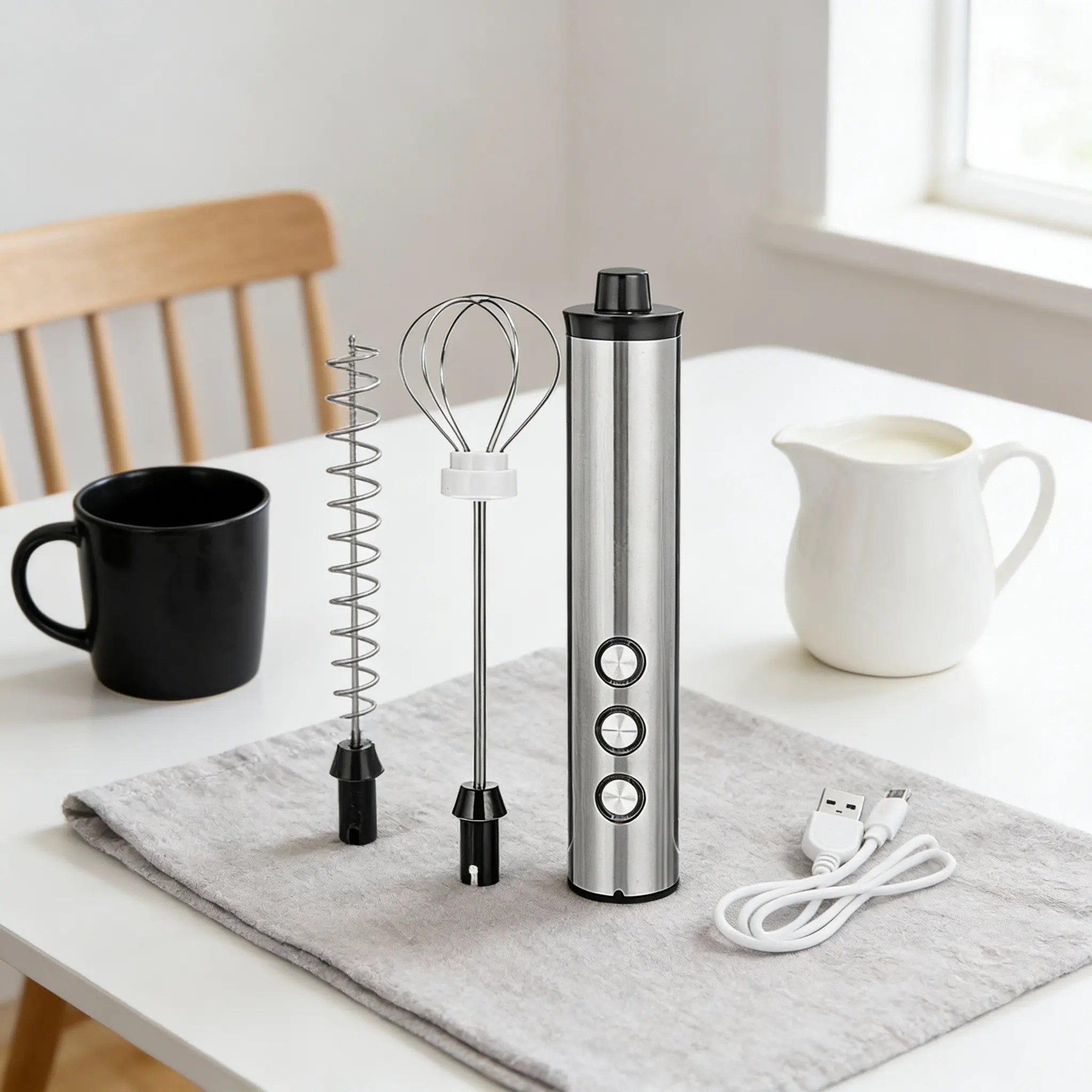 1Set Portable Electric Milk Frother Handheld Coffee Mixer 3-Speed USB Rechargeable Foams Maker for Whipped Topping Latte