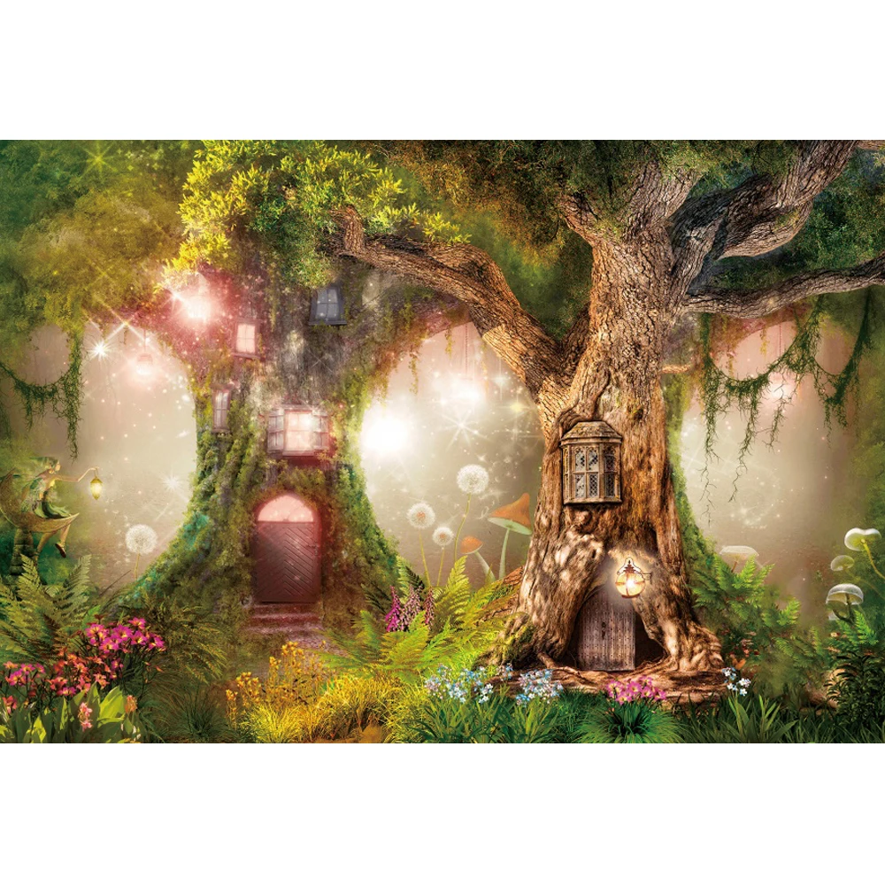 Laeacco Enchanted Forest Backdrop Fairy Tale Garden Magic Mushroom Flowers Girl Birthday Portrait Custom Photography Background