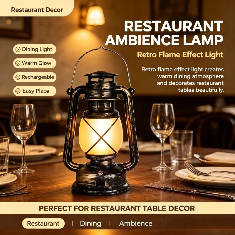 USB-C Rechargeable Lantern, Retro LED Flame Light with Hanging Handle for Camping Tents, Cafe Tables, Bars and Indoor Displays