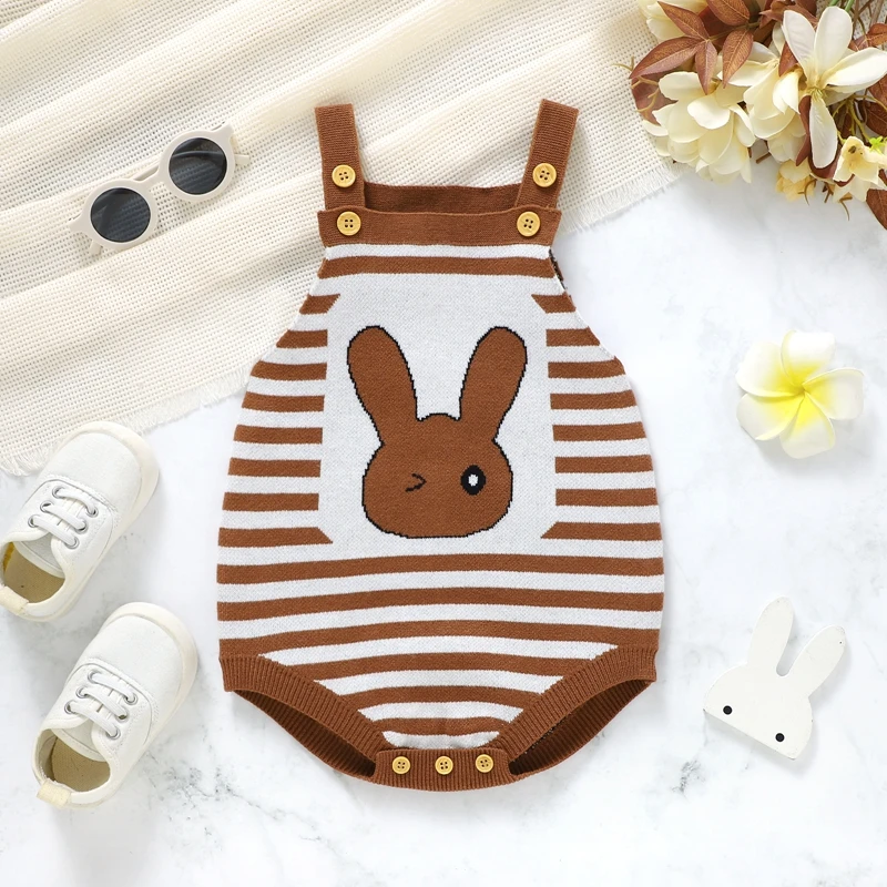 

0-18M Baby Knitted Coffee Jumpsuit Summer Rabbit Stripe Printed Sleeveless Jumpsuit Newborn Girl Boy Cute Sweetheart