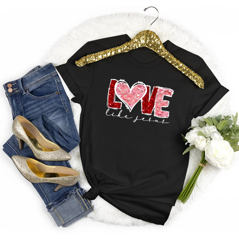 Koszulki z nadrukiem: Kochaj jak Jezus, Walentynki, Klasyczne koszulki, Prezent dla Chrześcijanki, Koszulka z krótkim rękawem, Damska koszulka na Walentynki, Codzienne topy