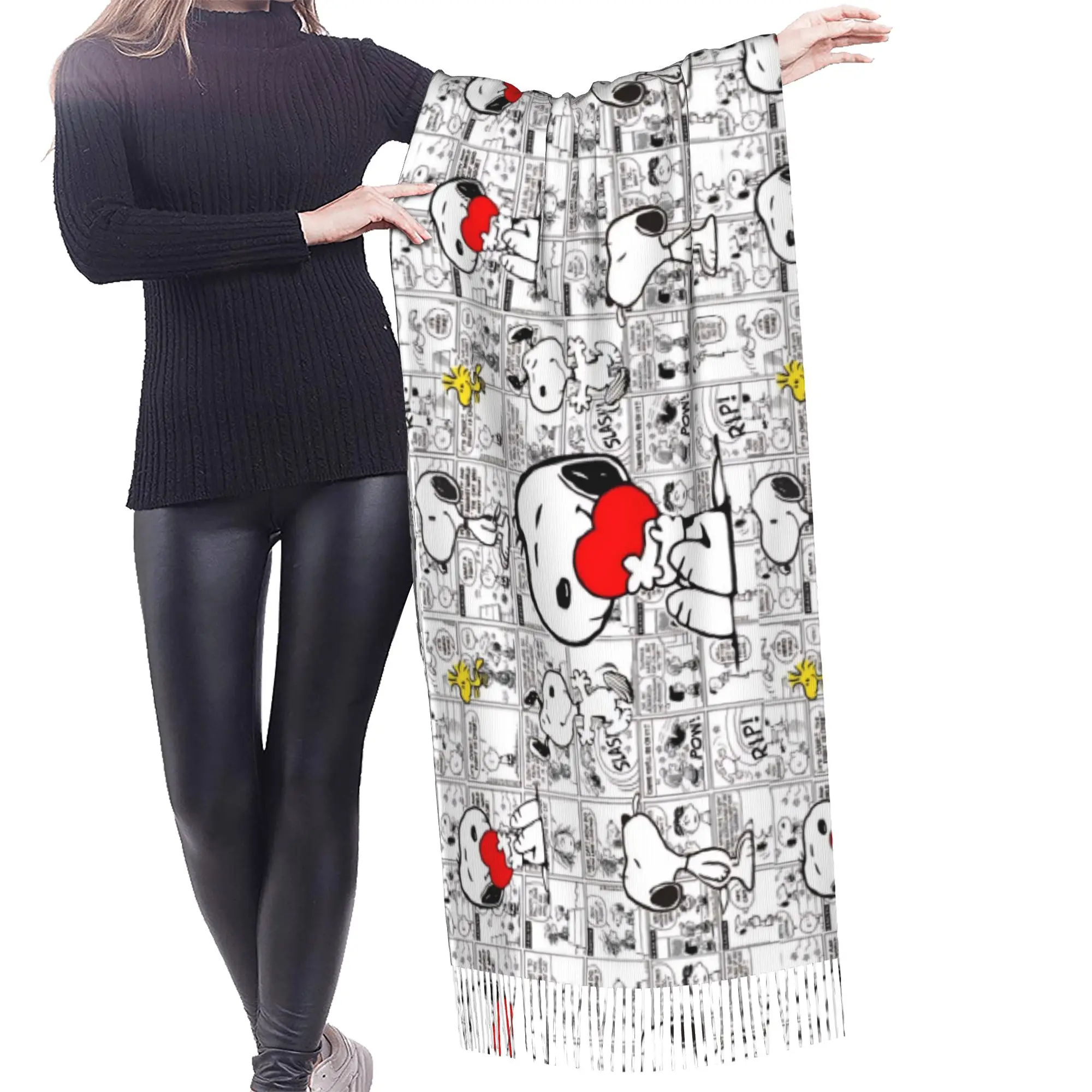 Custom S-snoopied Dog Tassel Scarf Women Soft Anime Manga Shawl Wrap Lady Winter Fall Scarves