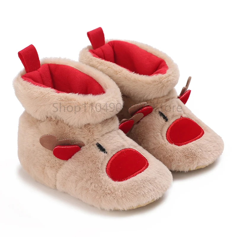 Детская обувь для мальчиков и девочек на рождественскую тематику, теплые зимние ботинки с милым лосем и Санта-Клаусом, мягкие и удобные для первых ходунков