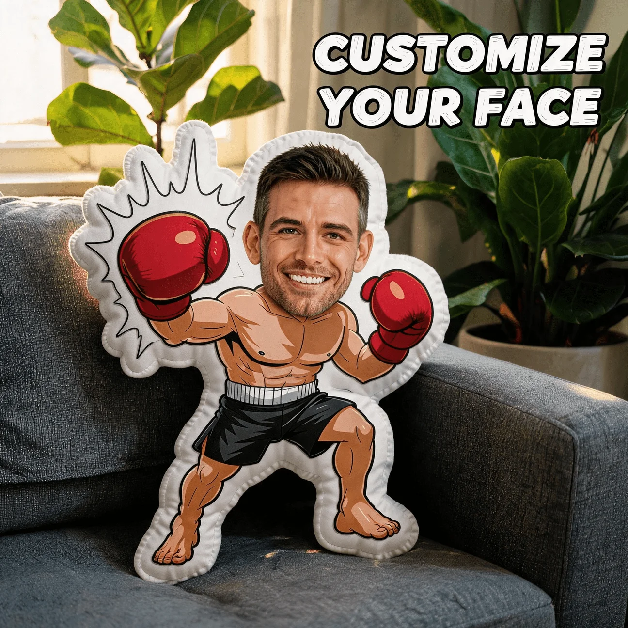 Custom Photo Boxer Shaped Pillow, Personalized Face with Red Gloves & Muscular Body Decorative Cushion, Unique Home Decor Accent