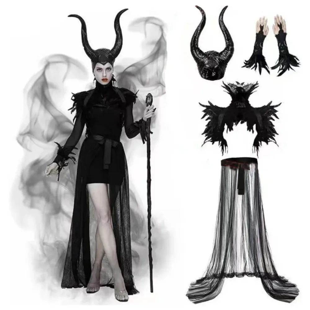 Disfraz de Halloween de la Reina Oscura Maléfica, Conjunto de 4 Piezas, Diadema con Cuernos Retro, Falda de Tul Transparente, Disfraz de Hada para Mujer
