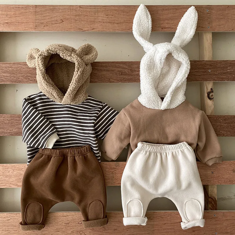 

Adorable Baby Animal Clothing Sets Autumn Winter Thicken Fleece Rabbit Bear Hooded Sweater Warm Pants Outfits Ins Style