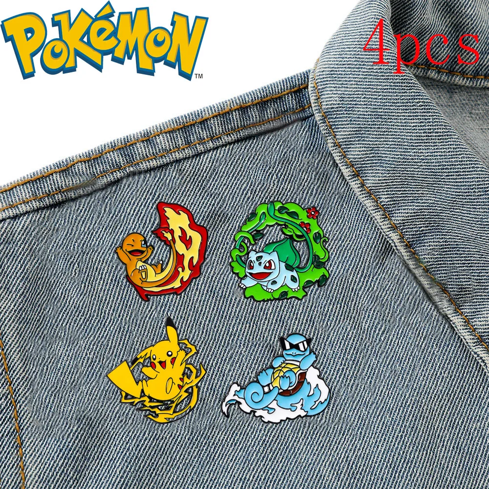 

4pcs/set Pokemon Enamel Pin Cute Cartoon Brooch Pikachu Charmander Bulbasaur Squirtle Metal Badge Accessories Jewelry Gifts