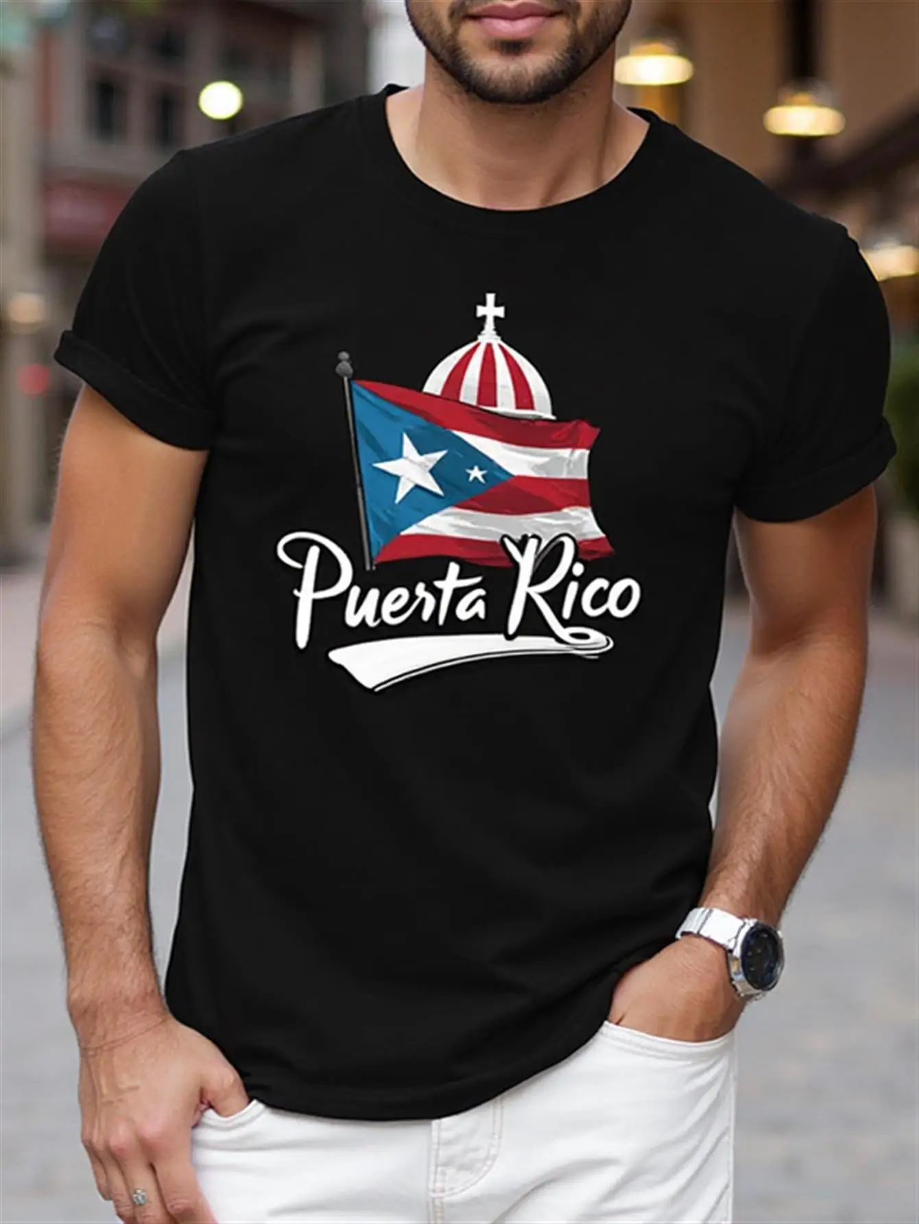 

Men's Puerto Rico Pattern T-Shirt, Casual Short-Sleeve Crew Neck with Colorful Flag Print and Muscle-Fit Design, Suitable for Summer, Beach, and Casual Wear, Ideal Puerto Rican Pride Clothing, Perfect Gift for Men (Size