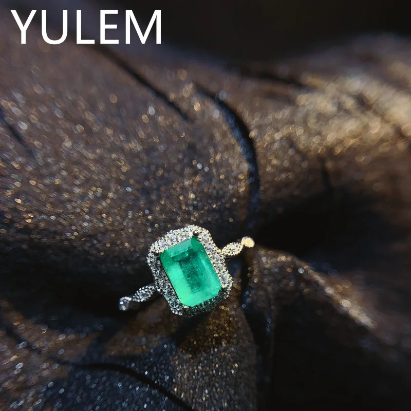 YULEM  925 Silver Colombian Emerald Engagement Ring 5x7mm Natural Emerald Ring with 3 Layers 18K Gold Plating
