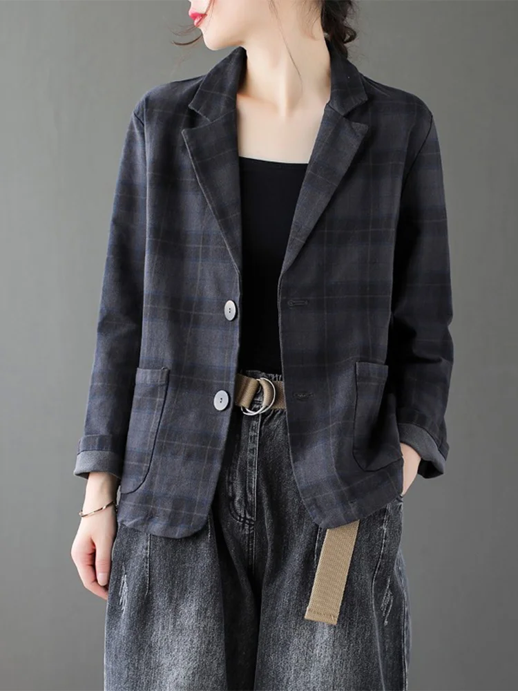 

Льняной женский костюм Long Sve в стиле ретро, повседневный клетчатый хлопковый льняной топ в стиле вестерн, свободный крой, застежка на одной пуговице