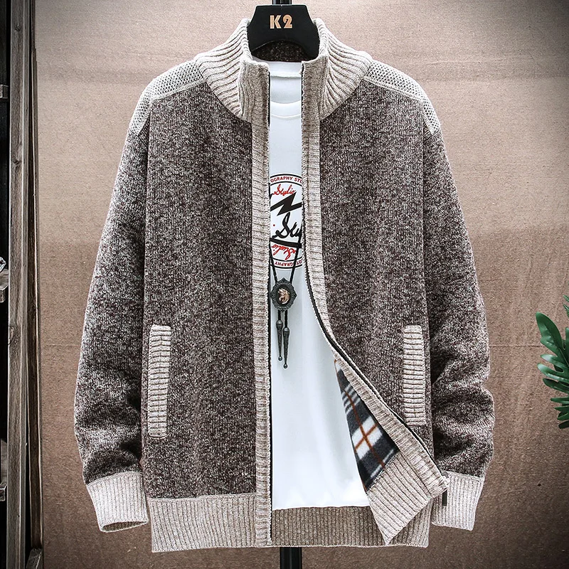 

Jacket Men Autumn Winter Coats Slim Fit Thick Warm Fleece Knitting Pullovers Men Casual Stand Collar Zip Comfortable Sweater Men