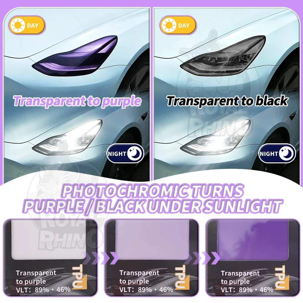 Premium UV Light Activated Photochromic Headlight Tint Film Sun Sensitive Clear to Black / Purple Car Headlamp Protective Wrap