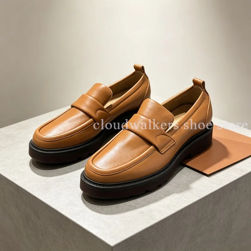 Men's Brown Matte Leather Flat Loafers Vintage Round Toe Platform Slip On Penny Loafers Dating Trendy All Match Daily Footwear