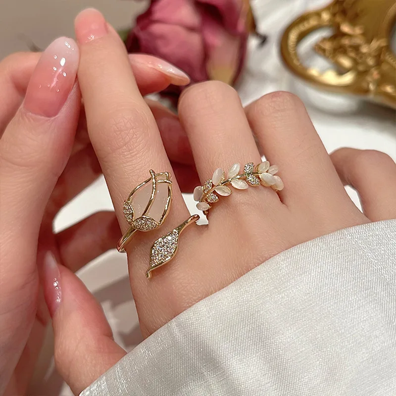 925 Sterling Silver Open Finger Ring Tulip Flower Leaf Clear CZ Stackable Punk For Women Girl Jewelry Gift Dropship Wholesale