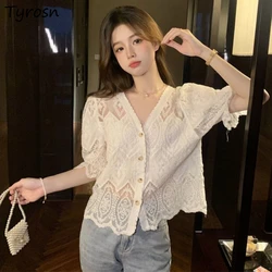 Shirts Women Elegant Summer All-match Design Leisure Simple Tender Puff Sleeve Korean Style Cozy Lace Ladies Daily Classic Loose