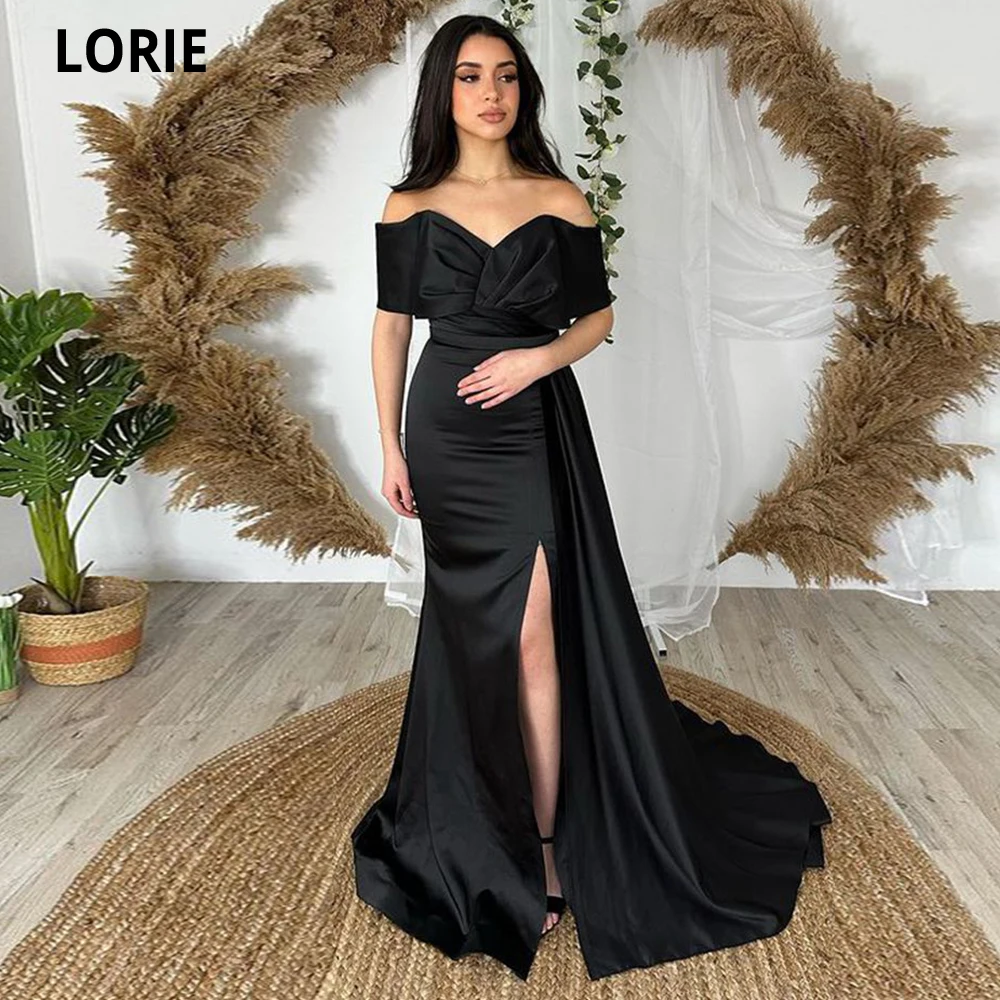 LORIE Black Satin Mermaid Evening Dresses Off The Shoulder Sleeves Leg Slit Formal Prom Party Beauty Pageant Dresses Back Train