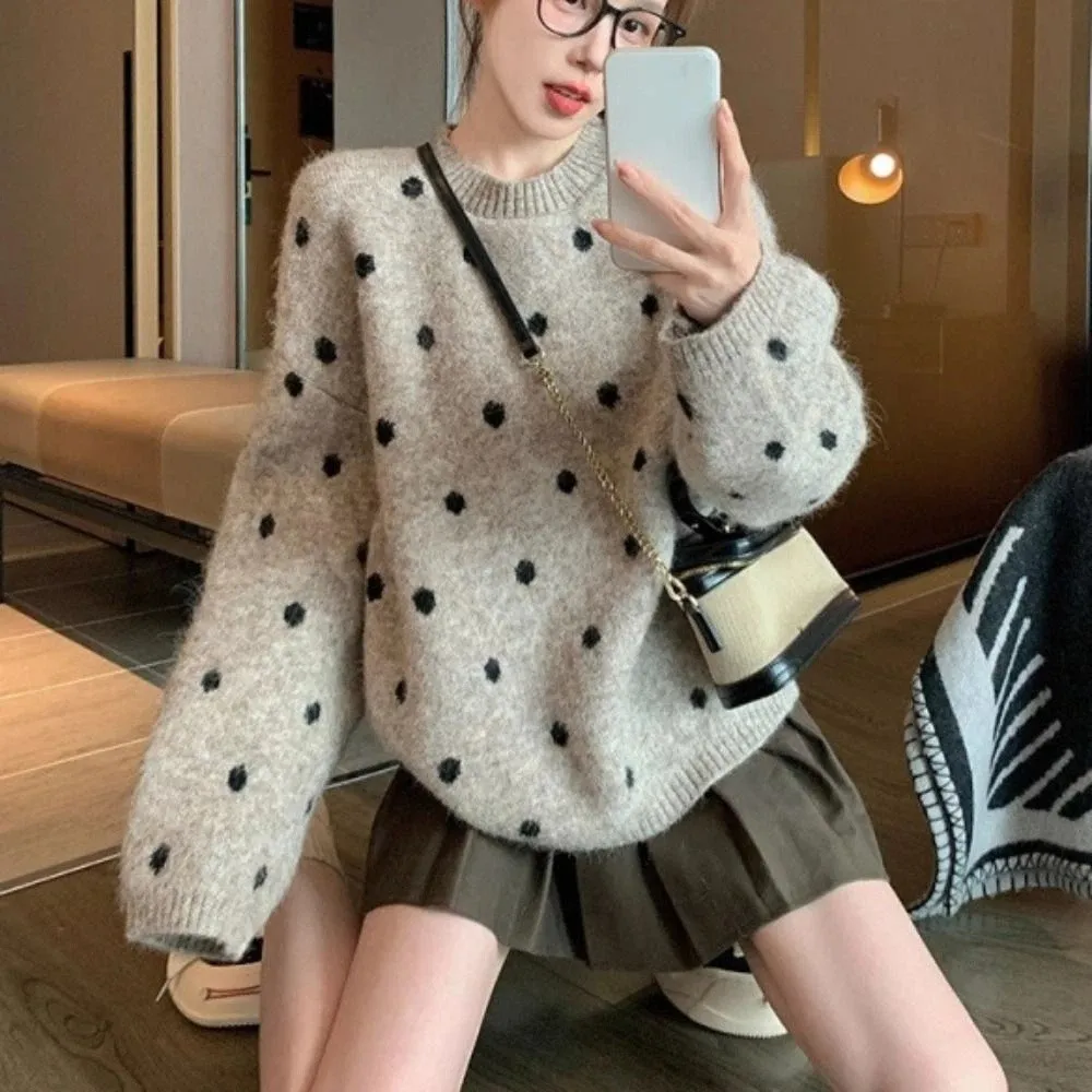 

Simple Long Sleeve Knit Short Sweater Autumn Loose Dot Crochet Knitwear Soft Women Top Sweet Girl's Pullover Women