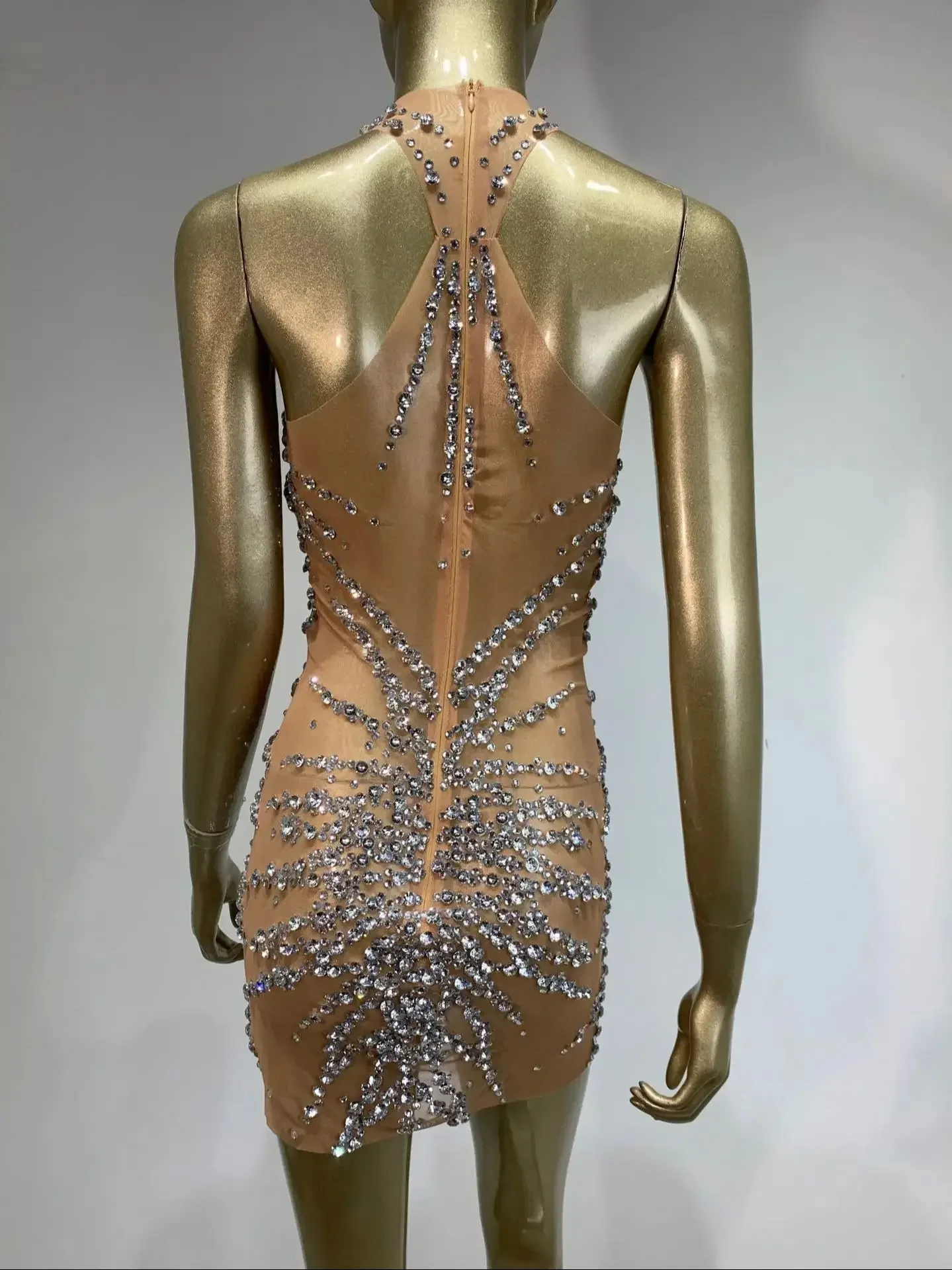 Femmes Sexy réservoir maille paillettes kaki Mini cristal diamants robe fête d'anniversaire Costume Bar discothèque scène Performance vêtements