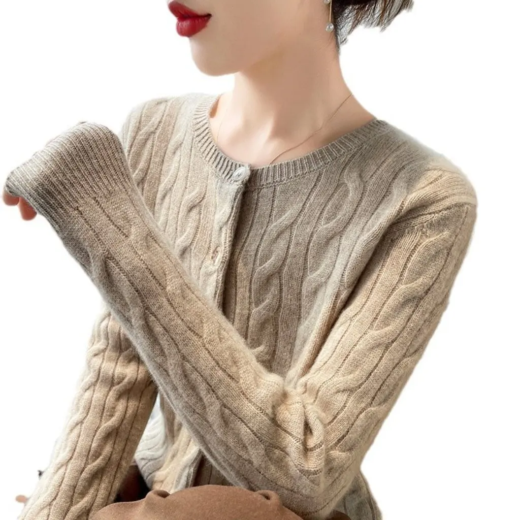 

Women's Thickened Cashmere Knitted Cardigan round Neck Twist Fashion Sweater Jacket High-end All-match Autumn Winter