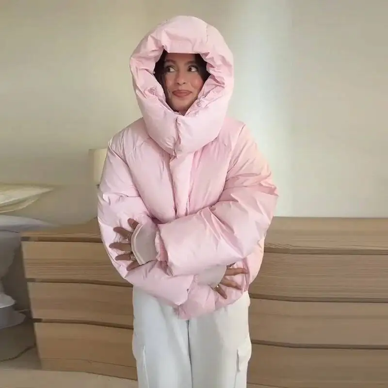 

2025 Autumn Winter Lady Outwear Warm Women's Hooded Cotton Padded Coats Loose Solid Stand Collar Full Sleeve Zipper Pockets Coat