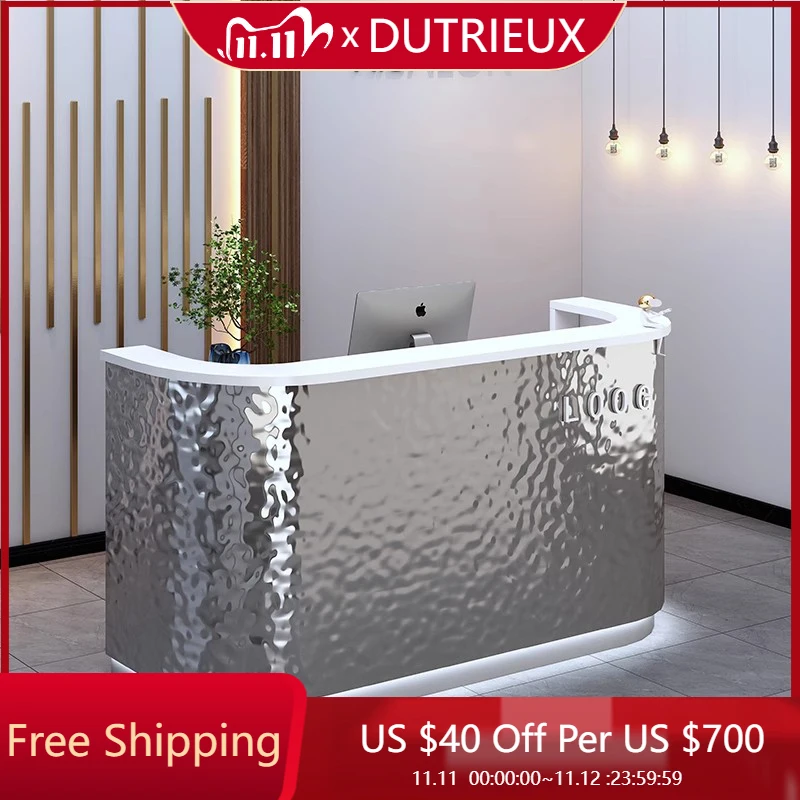 مكاتب الاستقبال في متجر الفولاذ المقاوم للصدأ، مكاتب الاستقبال ذات التصميم الحديث، عرض أثاث مكتب الأعمال