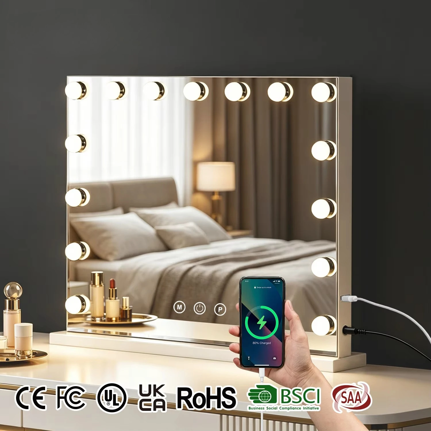 Makeup Mirror,Large Vanity Mirror With 15 Dimmable LED Bulbs,Smart Touch Desktop Hollywood Mirror,Phone Charging