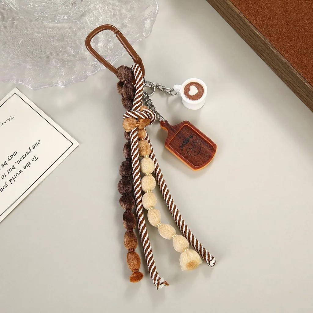 Creative Unique Doughnut Bread Coffee Keychain Cartoon Realistic Food Figurine Dessert Tassel Pendant Key Chain Bag Accessories