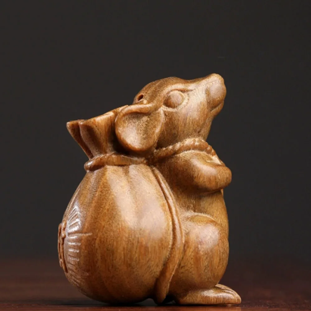 JW112 - 5.7CM Green Sandalwood Wealthy Mouse Zodiac Animal Feng Shui Pendant Wood Statue Animal Car Hanging Lucky Netsuke