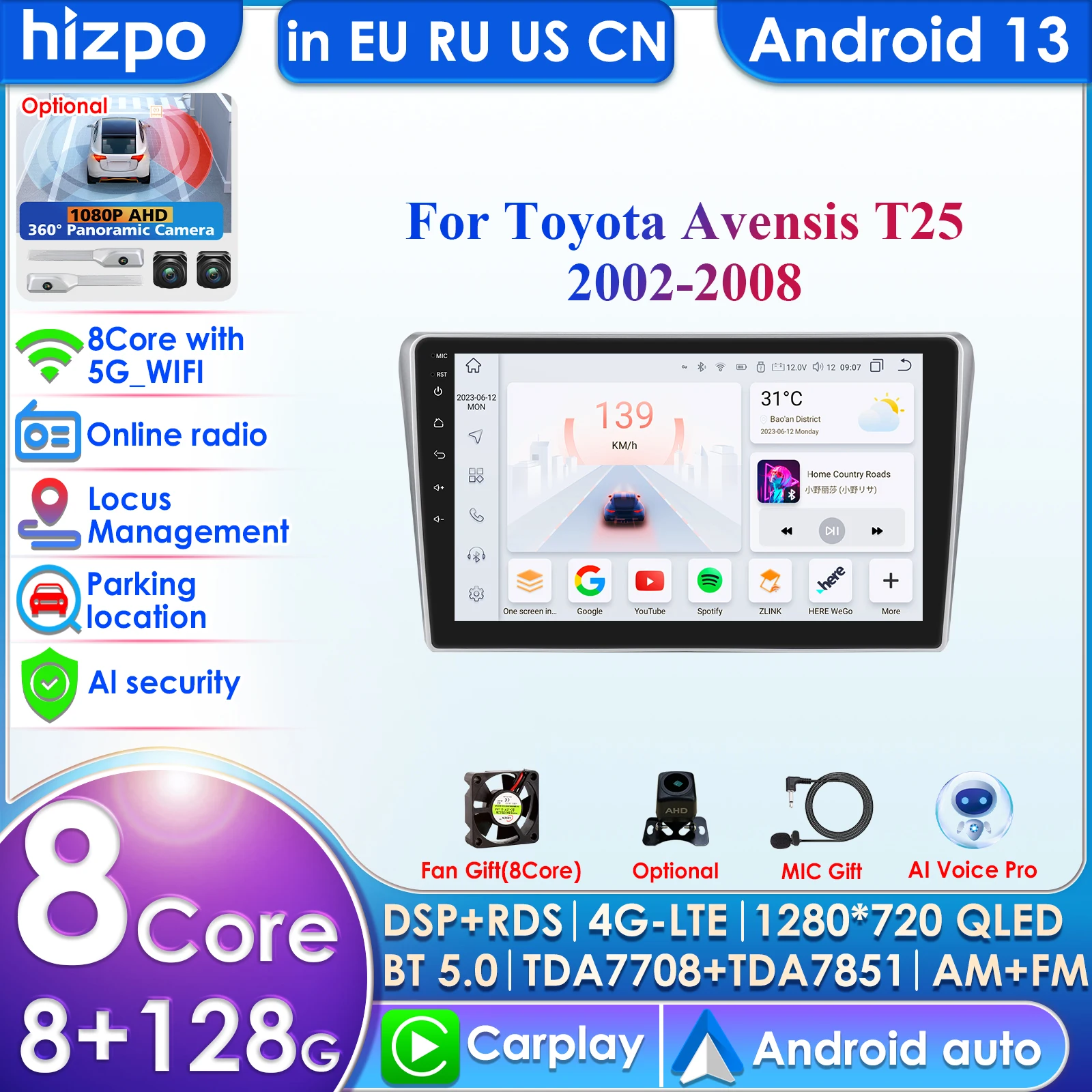 8Core 8G+128G AI Voice 2 din Android Auto Radio For Toyota Avensis T25 2002-2008 Carplay 4G Car Multimedia GPS 2din Autoradio BT