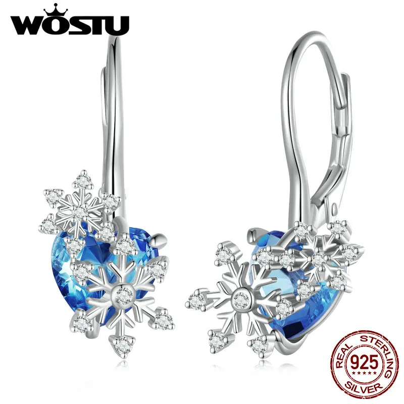 WOSTU 925 Sterling Silver Wedding Snowflake Drop Dangle Earrings For Women Ocean Blue Crystal Hoops Clips Birthday Party Gift