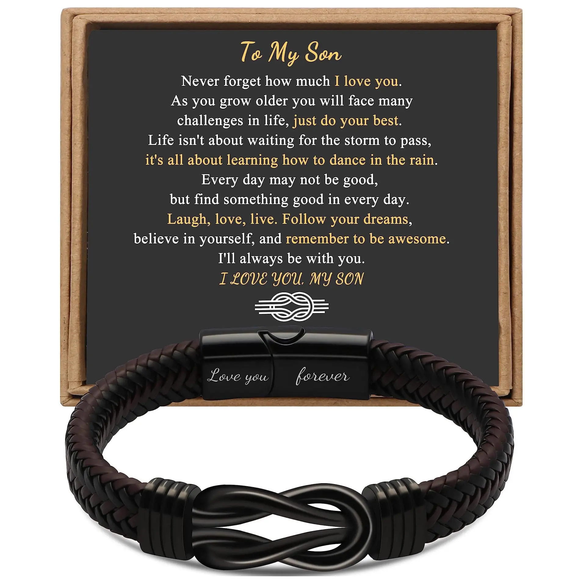 Infinity Knot Bracelet Gifts for Men son Brown Braided Leather Stainless Steel Bracelets Love You Forever Gifts for BFF Husband