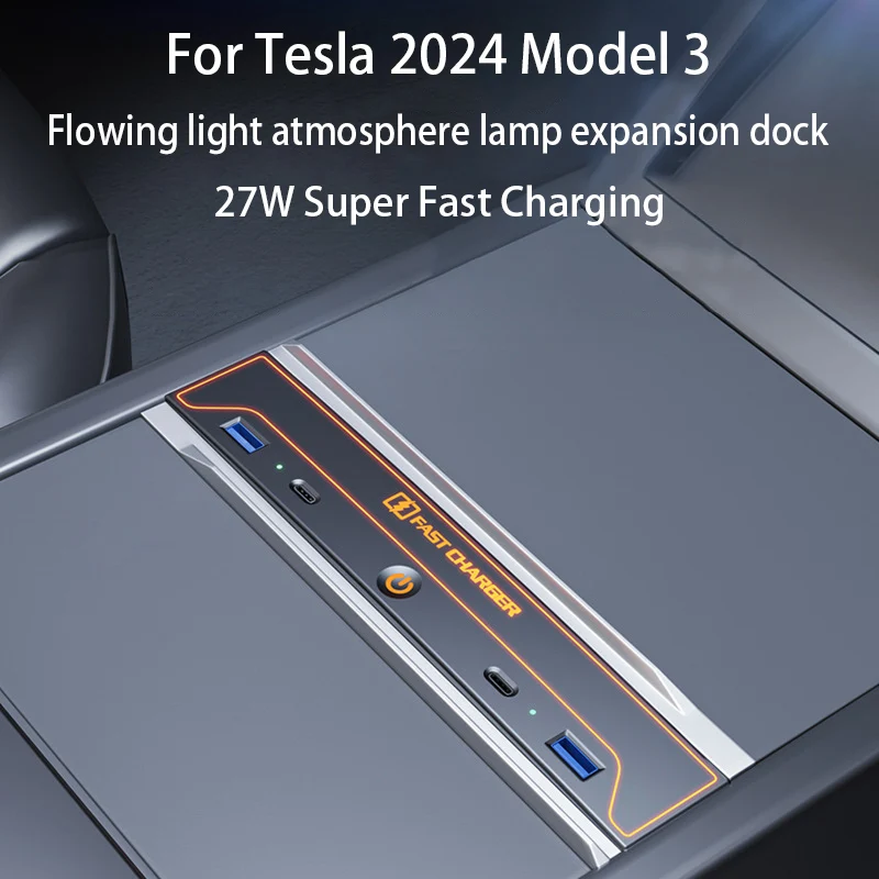 Per Tesla Model3 Highhland Atmosphere Light Docking Station Tipo-c 27W Caricatore rapido USB Extender Docking Station Alimentato Splitter