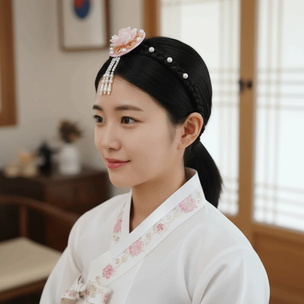 

Sweet Flower Korean Headband Pearl Traditional Hanbok Hairband Tassels Headdress Stage Dance Hair Hoop Girl