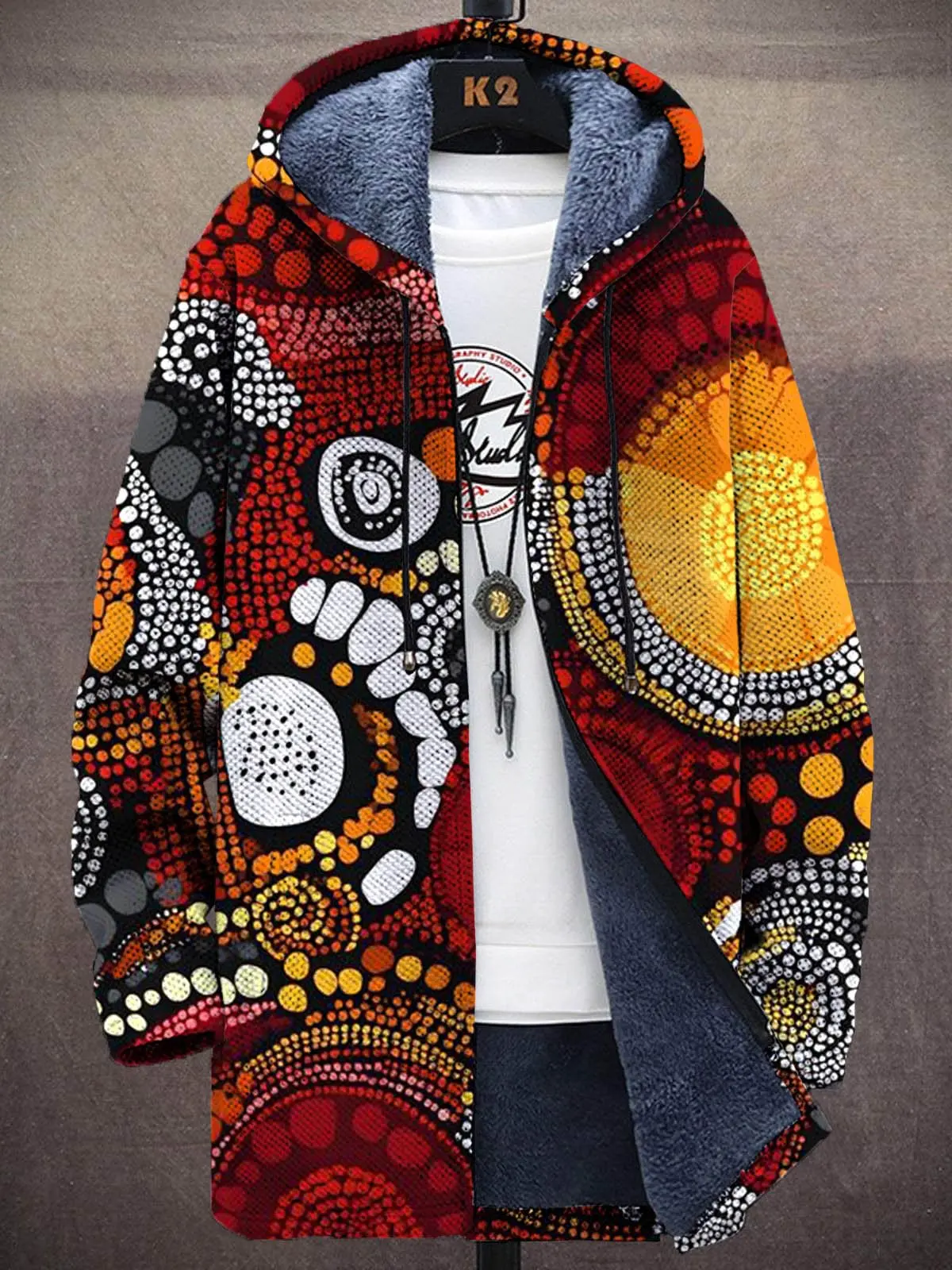 Men's Sun And Moon Yin Yang Tree Of Life Print Fleece Lined Hooded Trench Coat Men's Thick Warm Jacket view 6