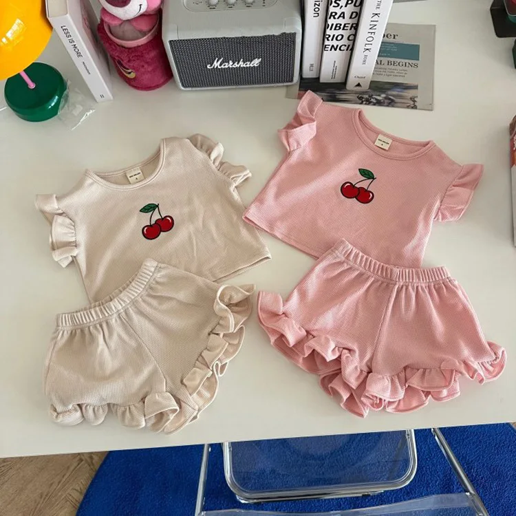 

Summer New Girls Short Sleeve Clothes Set Children Cute Cherry Tops + Lace Shorts 2pcs Suit Baby Girl Princess Set Kids Outfits