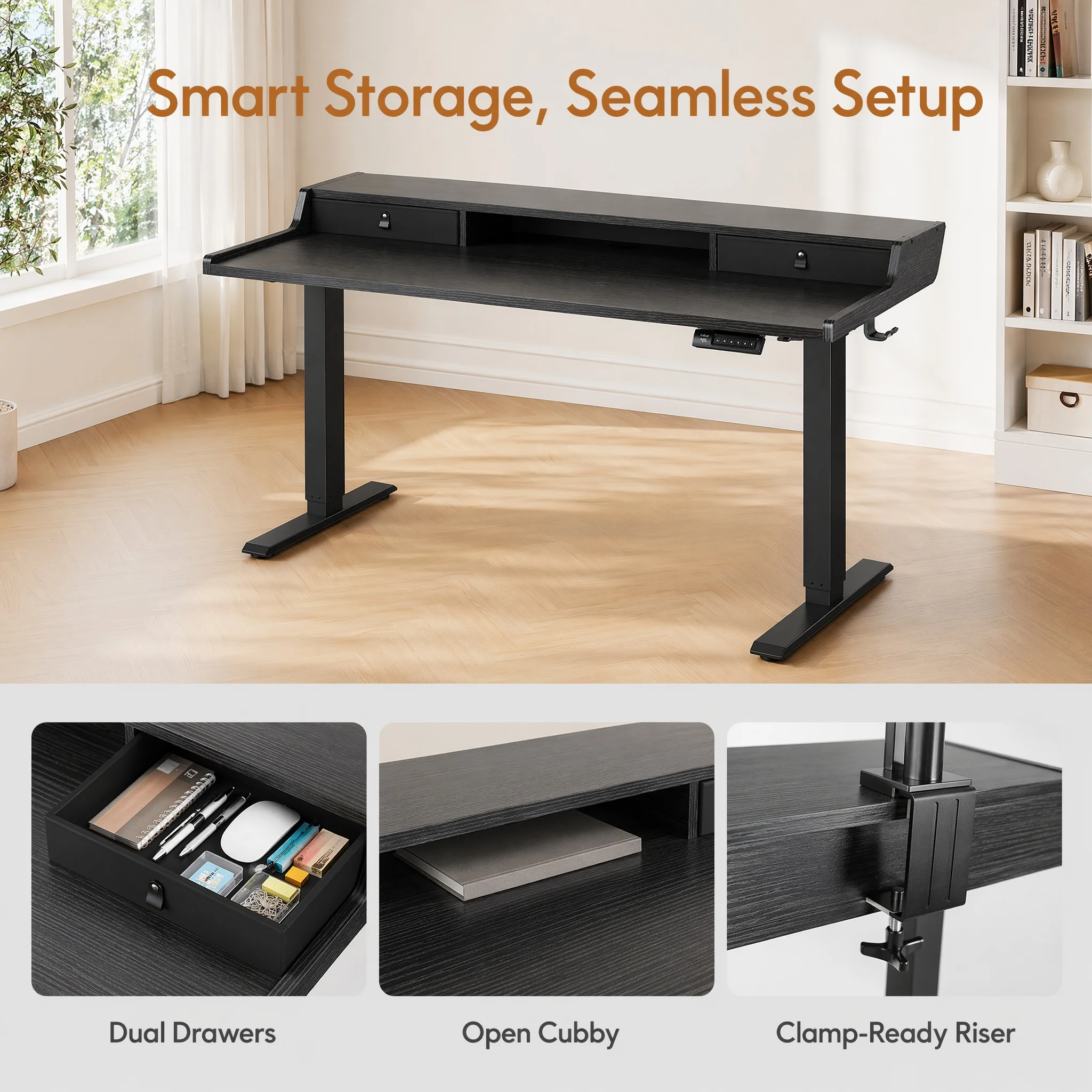 Electric Standing Desk with Drawers, 55″ X 28″ Gaming Table Compatible Monitor Stand, Stand up Desks, Home Office Height-Adjustable Desk with Storage Shelf, 4 Preset Heights