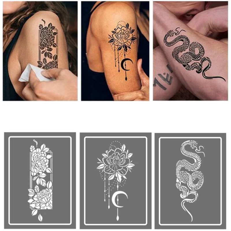 New Spray Painting Tattoo Template Flower Snake Thickened Hollow Tattoo Stencil Reusable Haina Juice Cream Semi-permanent Tattoo