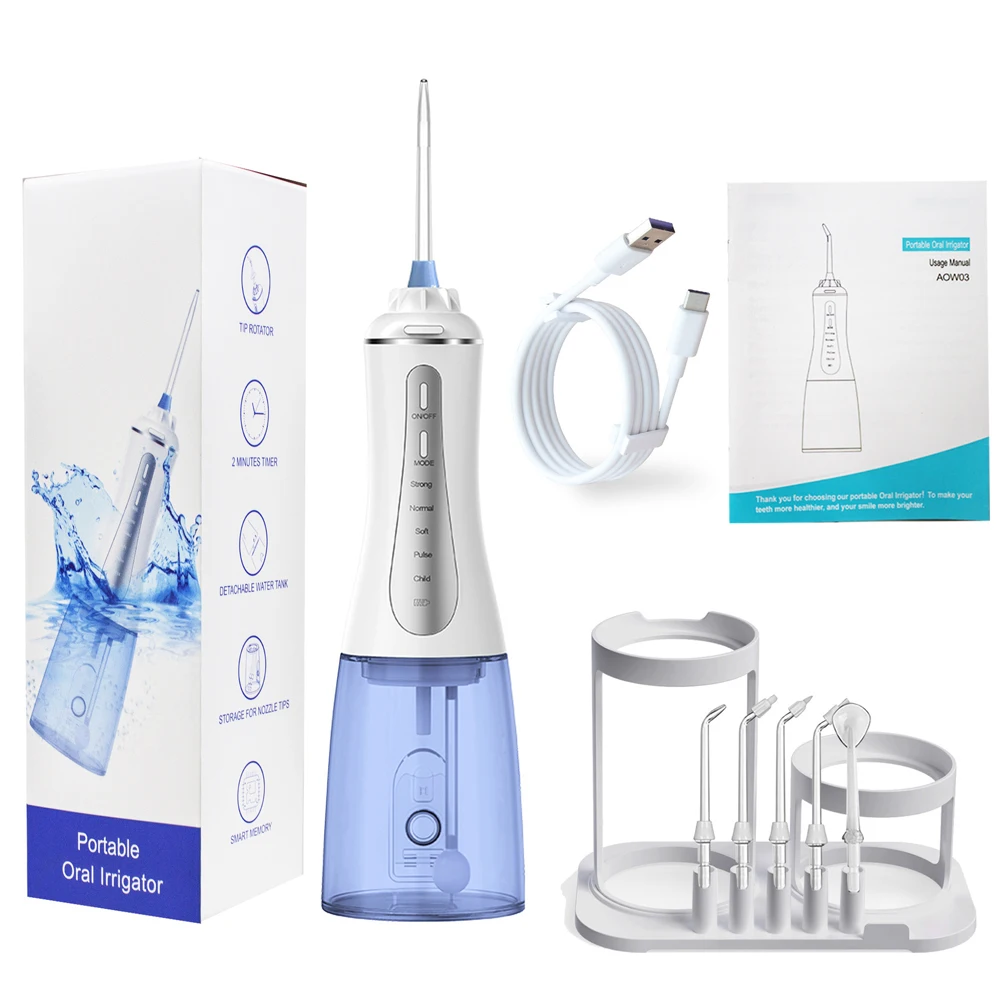 

Dental Oral Irrigator with Storage Holder 5 Modes Portable Water Flosser Rechargeable 350ml Water Tank 6 Tips for Cleaning Teeth