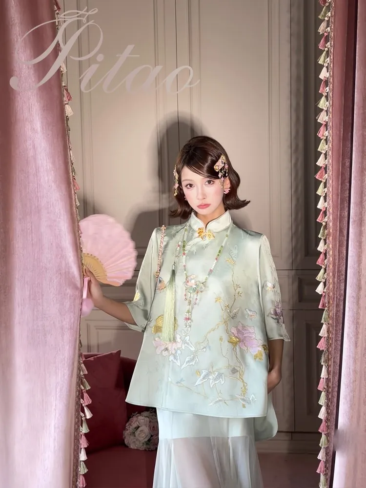 New Chinese-style women's quiet luxury jacquard embroidery satin suit