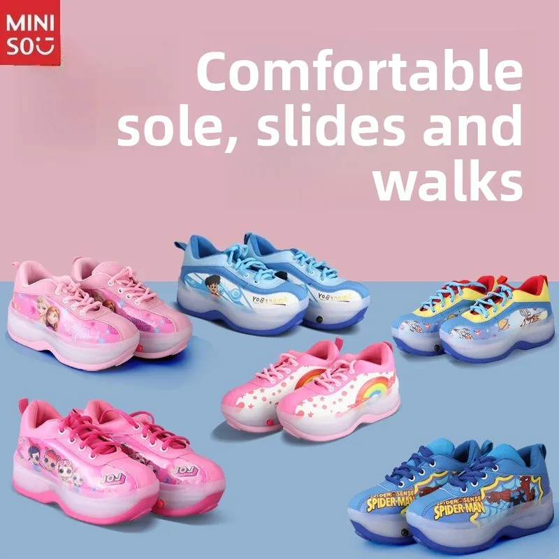 Miniso Fashion Trendy Kids Roller Skates Boys Cartoon 4-Wheel Heelys Beginner Fly Shoes أحذية تزلج