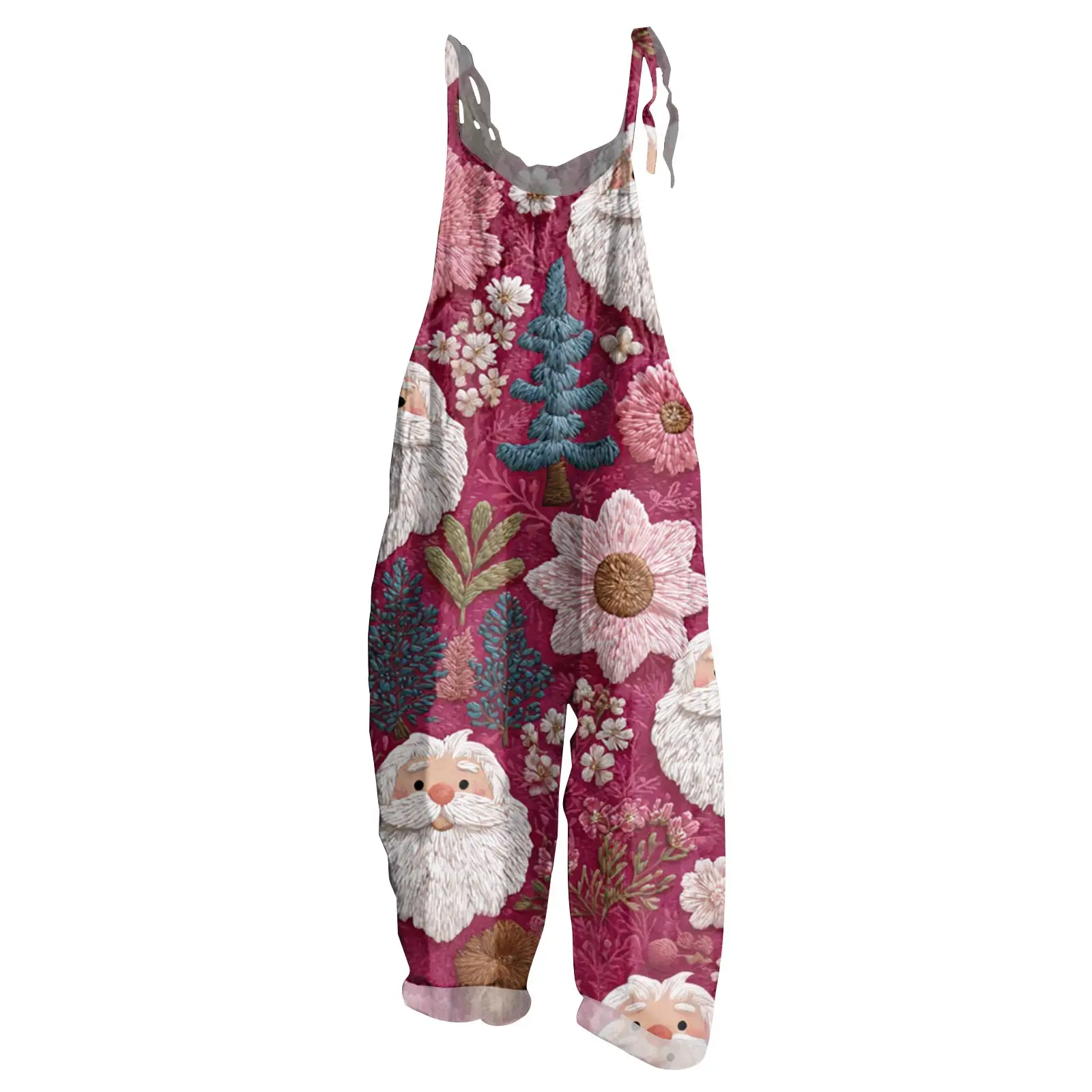 

High Quality Comfortable Solid Color Wide Leg Long Pants Daily Casual Loose Vintage Bib Trousers Christmas Print Jumpsuit