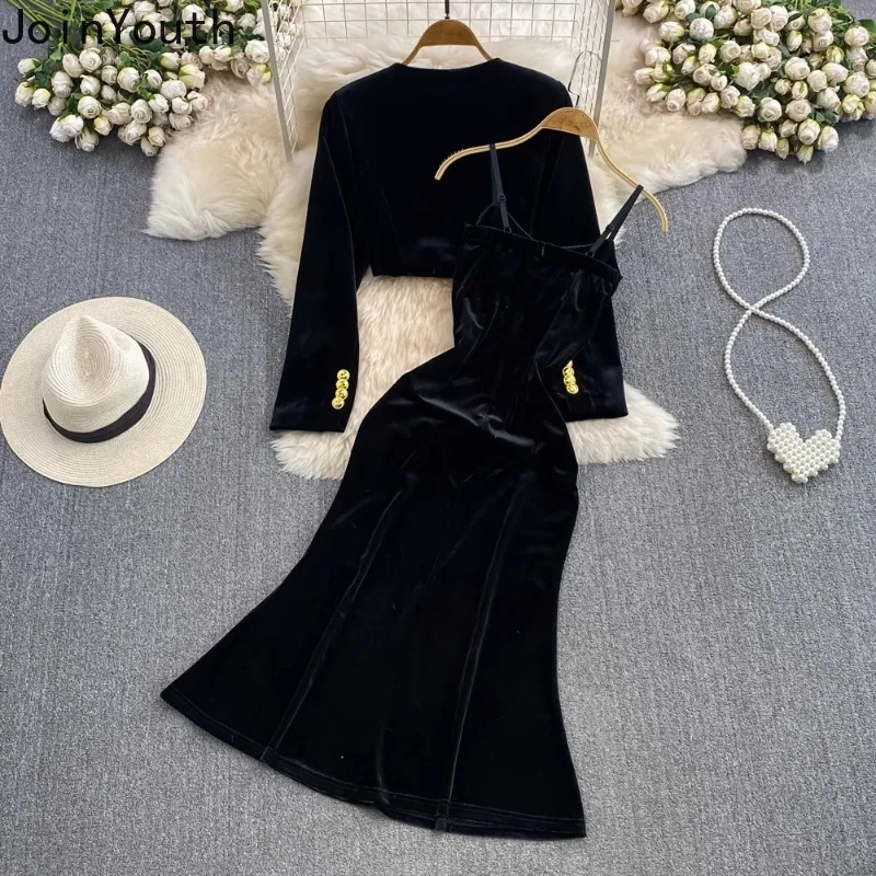 Women Clothes Temperament Outfits 2 Piece Sets Double-breasted O-neck Crop Coats Slim Waist Bodycon Sling Maxi Dress Velvet Suit