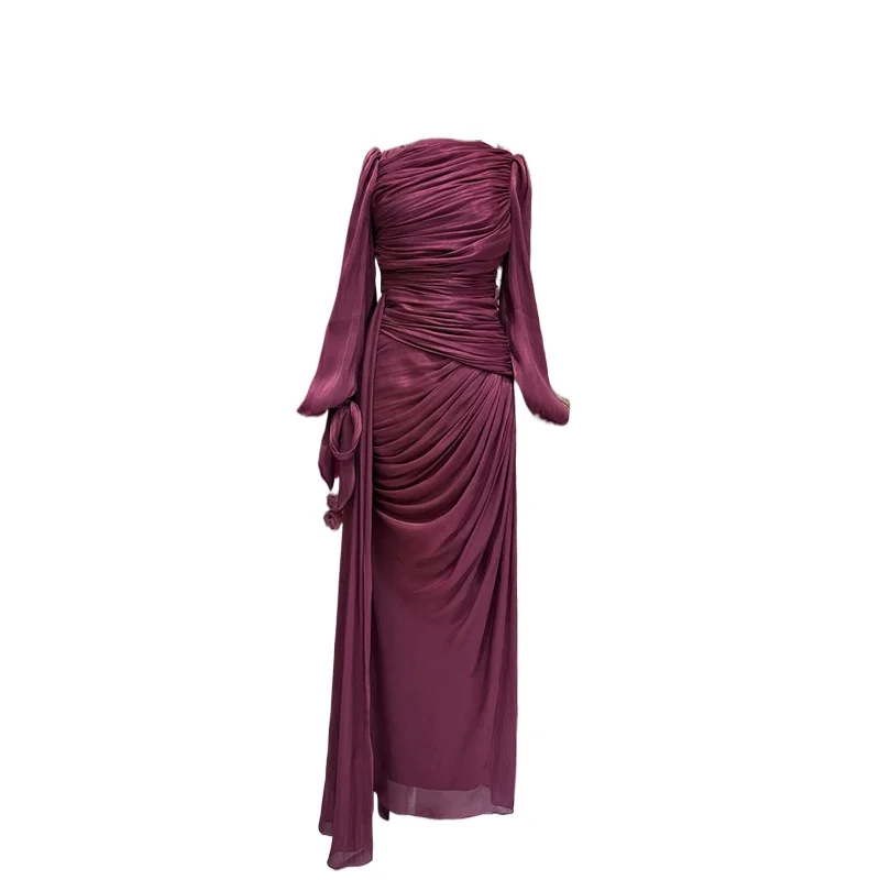 Vintage Gorgeous Ruched Long Formal Evening Dress With Long Sleeves