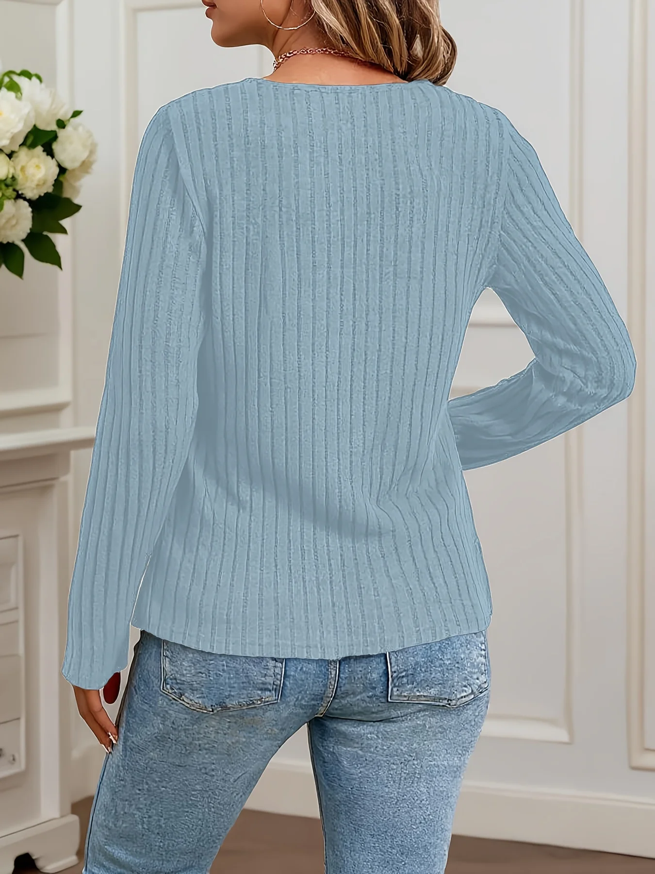 Женский повседневный вязаный топ в рубчик с длинными рукавами больших размеров, V-образным вырезом и пуговицами, мягкий и удобный