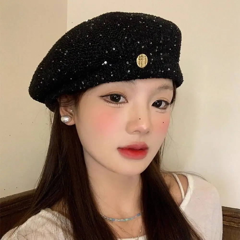 

Elegant Breathable Sequin Beret Hat Paillette Hollowed Out Weave Hat Japanese Style Fashionable Crochet Knitted Cap Holiday